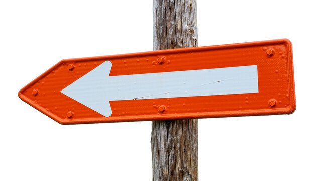 Orange directional arrow sign with white arrow pointing left attached to wooden post, isolated on transparent background
