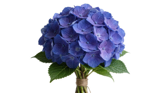 Vibrant blue hydrangea flower bunch tied with twine, isolated on transparent background