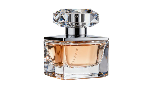 Luxury faceted crystal cap perfume bottle with amber liquid, isolated on transparent background