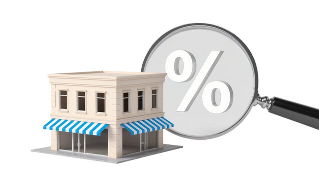 Small beige storefront with blue awnings examined by a magnifying glass showing a percentage symbol, isolated on transparent background