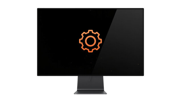 Modern dark grey computer monitor displaying orange gear icon, isolated on transparent background