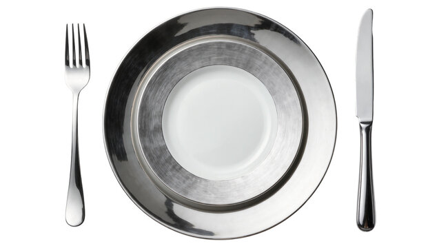 Polished silver charger plate with white ceramic plate fork and knife, isolated on transparent background