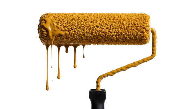 Yellow paint dripping from a textured roller, isolated on transparent background