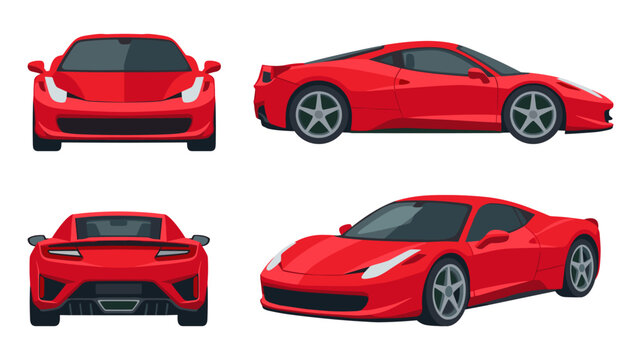 Red Sports Car Vector Set Modern Supercar Front Side Rear View