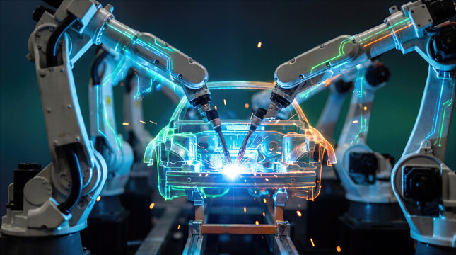 Automated robotic arms weld a car frame in a smart factory, sparks flying as automation, precision engineering and technology drive automotive manufacturing production.