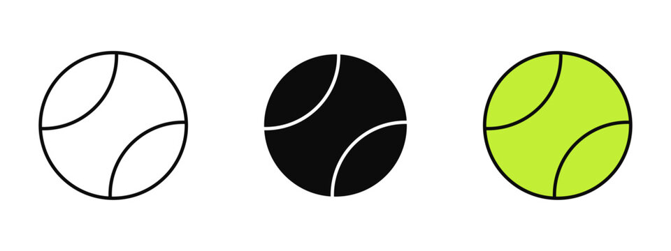 Tennis ball icon in outline and solid style, isolated on white background. Ideal for sports, fitness, recreation, and gaming related features in mobile and web design.
