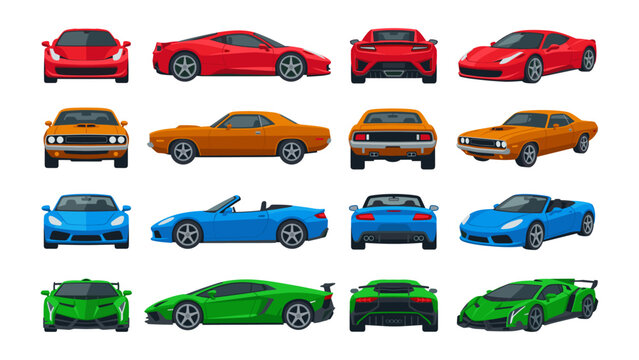 Sports Car Collection Vector Set Modern Muscle Roadster Hypercar