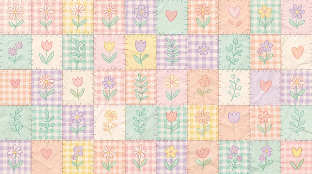 Seamless pattern with cute handdrawn flowers and hearts on a pastel gingham patchwork background