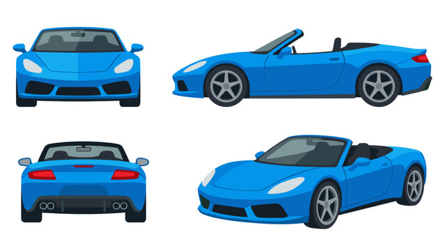 Blue Convertible Car Vector Set Modern Roadster Front Side Rear View