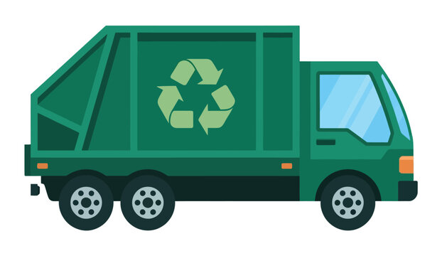 Recycling truck, Green recycling truck vector illustration, waste management garbage lorry with recycle symbol for environmental service design