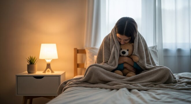 Girl tucking in plush toy while sitting on bed with cozy blanket and soft lighting in bedroom. The moment captures comfort and warmth as girl embraces teddy bear,