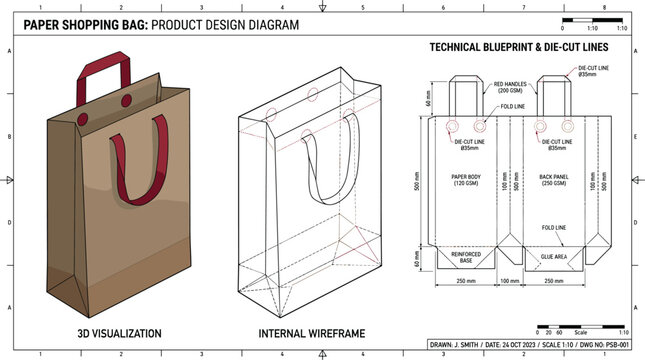 Paper shopping bag product design diagram showing realistic visualization internal wireframe template and technical blueprint diecut vector