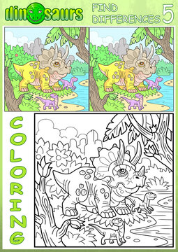 cute dinosaur triceratops, find five differences
