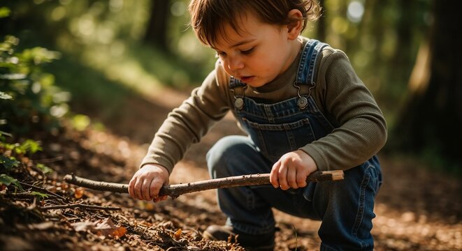 Toddler exploring forest with stick on trail, child focuses on natural surroundings while crouched down in leafy area. Engaging toddler exploration for nature-themed educational materials.