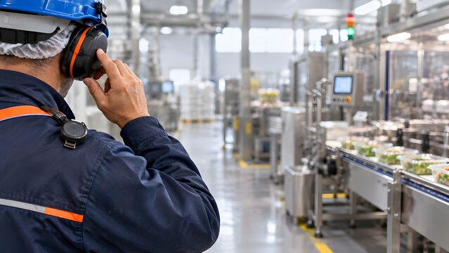 Factory worker in protective gear adjusting ear defenders on a food production line with automated machinery and packaged meals