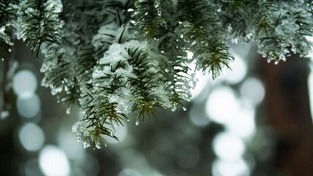 Snow Covered Pine Branches and Evergreen Needles in a Winter Forest with Frost, Ice and Christmas Holiday Nature Background