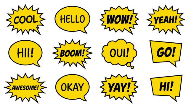 Diverse yellow comic speech bubbles with positive expressions.