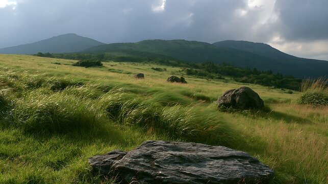 Oita highland meadow with granite stones and distant mountains