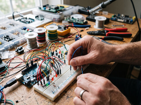 Hands connecting jumper wire to breadboard electronic circuit on cluttered wooden desk.