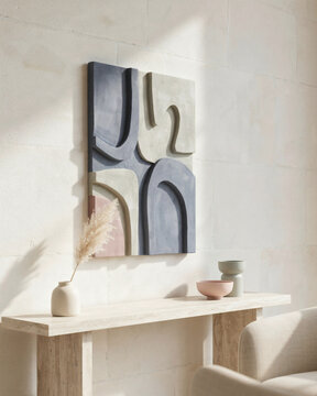 Modern Abstract 3D Wall Art Sculpture Featuring Organic Arched Shapes and Earthy Tones in a Minimalist Living Room Setting