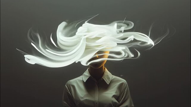 Woman experiencing thought overload mental stress brain fog and abstract mind chaos swirling white smoke