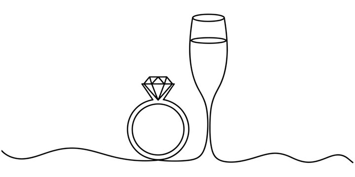 Continuous single line drawing of a diamond engagement ring and a champagne flute glass for a romantic wedding celebration concept isolated on white Vector, illustration