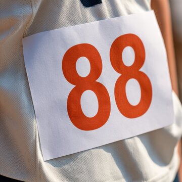 A race participant wears a marathon bib with a bold number 88 at an outdoor running event in a public area.