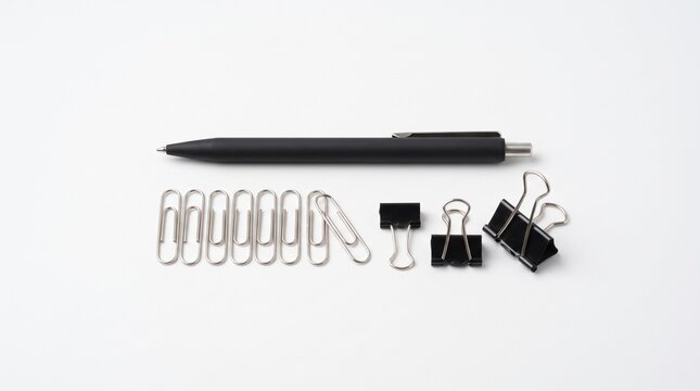A black ballpoint pen arranged neatly with several silver metal paper clips and black binder clips on a clean white studio background