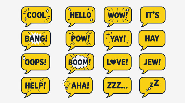 Grid of yellow comic speech bubbles with various short expressions.