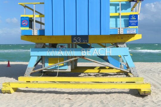 Closeup of blue lifeguard tower at Miami Beach, North Beach, Florida by Atlantic Ocean. Art deco style.