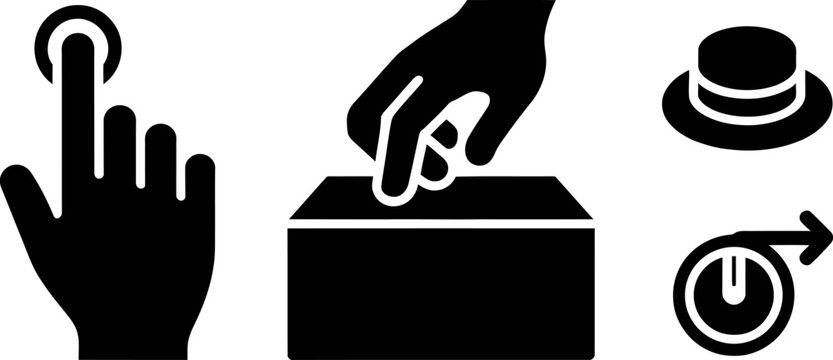 Set of black silhouette icons featuring hands touching buttons dropping ballots into boxes and mechanical switches illustrating control and interaction   