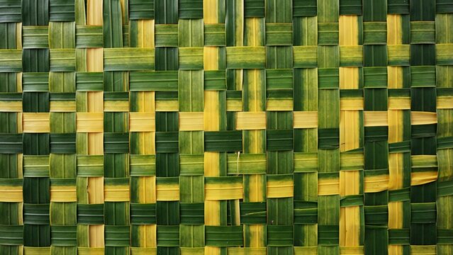 Woven palm leaf texture with green and yellow pattern