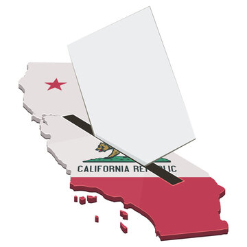 3D illustration symbolizing democratic elections and voting in California, featuring a paper ballot entering into a state map ballot box with the official flag (cut out)