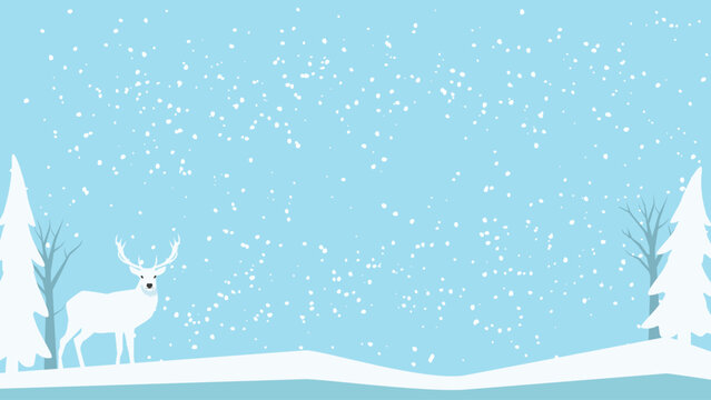 A white deer stands in a snowy landscape with snow-covered evergreen trees and falling snowflakes