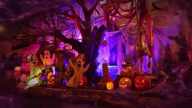 Spooky Halloween outdoor decorations at night with floating mist and fog effect, creating dark gothic fantasy and horror atmosphere for background loop