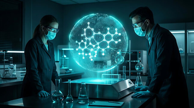 Scientists analyzing molecular structures in a laboratory in a high-tech research facility with advanced equipment featuring futuristic lighting and a blue-green color palette