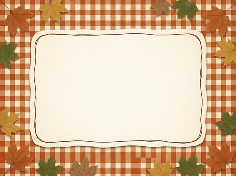 autumn frame with warm rust orange and cream gingham checkered pattern and mapple leaves