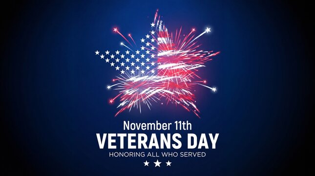  Veterans day november 11, template american fireworks blue sky background. Fireworks US flag. November 11th Happy Veterans Day, USA national holiday. Banner, poster, greeting card. Vector