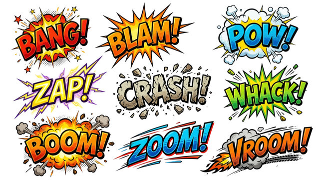 Dynamic comic book sound effects with motion lines.