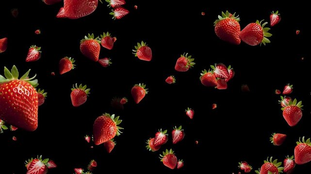 A Vibrant Collection Of Fresh Red Strawberries Floating In Mid Air Against A Stark Deep Black Background With Soft Studio Lighting Creating A Dramatic And Appetizing Visual Display Of Ripe Summer Frui