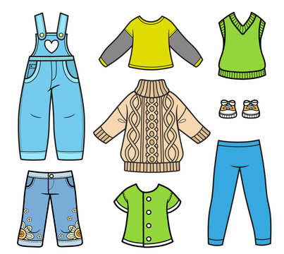 Denim overalls, leggings, embroidered cropped trousers, blouse, long-sleeve top, vest, sneakers on a white background