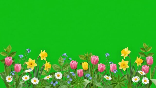 Spring Flower Garden Border Animation with Green Screen Background