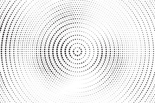Abstract black and white halftone dots form flowing circular waves, creating a modern optical illusion with depth, motion and clean space for creative graphic design.