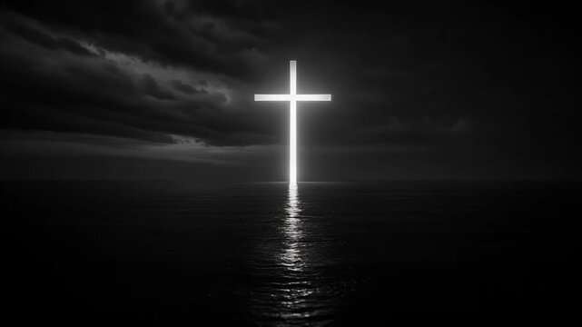 Cross in the Sky at Sunset with Glowing Light, Clouds and Peaceful Spiritual Christian Symbolism of Faith, Hope and Heaven