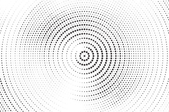 Abstract black and white halftone dots form flowing circular waves, creating a modern optical illusion with depth, motion and clean space for creative graphic design.
