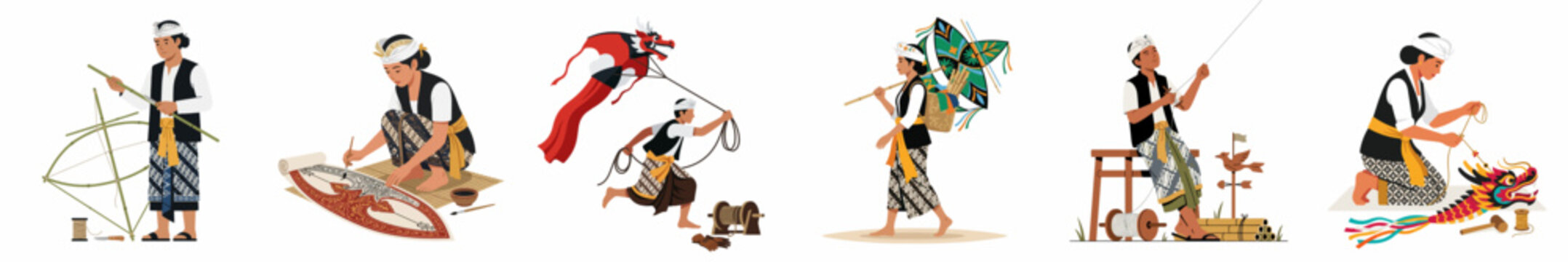 Collection of Illustrations Showing Traditional Balinese People Making, Decorating, and Flying Large Ornate Kites on a White Background.