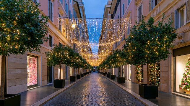 Illuminated pedestrian shopping street with glowing overhead string lights, potted citrus trees, elegant storefronts, and wet cobblestones at evening in an urban city center