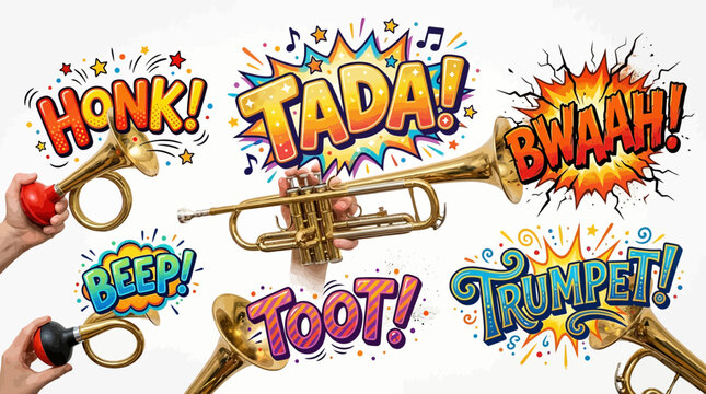 Comic music sound effects with hands holding instruments.