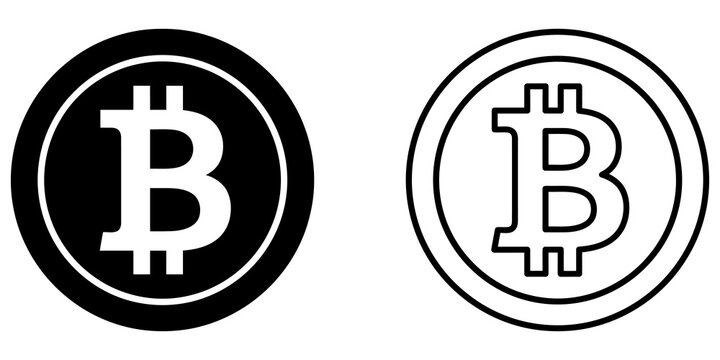 Bitcoin currency coin icon set black lines on clear pixel grid plane.