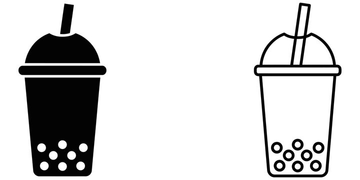 Bubble tea cup drink icons with straw and tapioca pearls graphics.